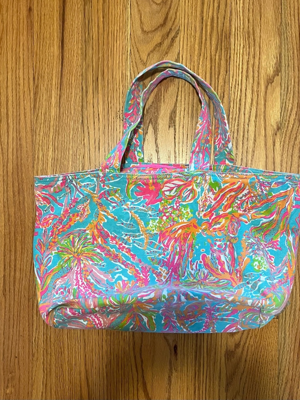 Lilly Pulitzer Turquoise Floral Canvas Tote with Pink & Orange Accents